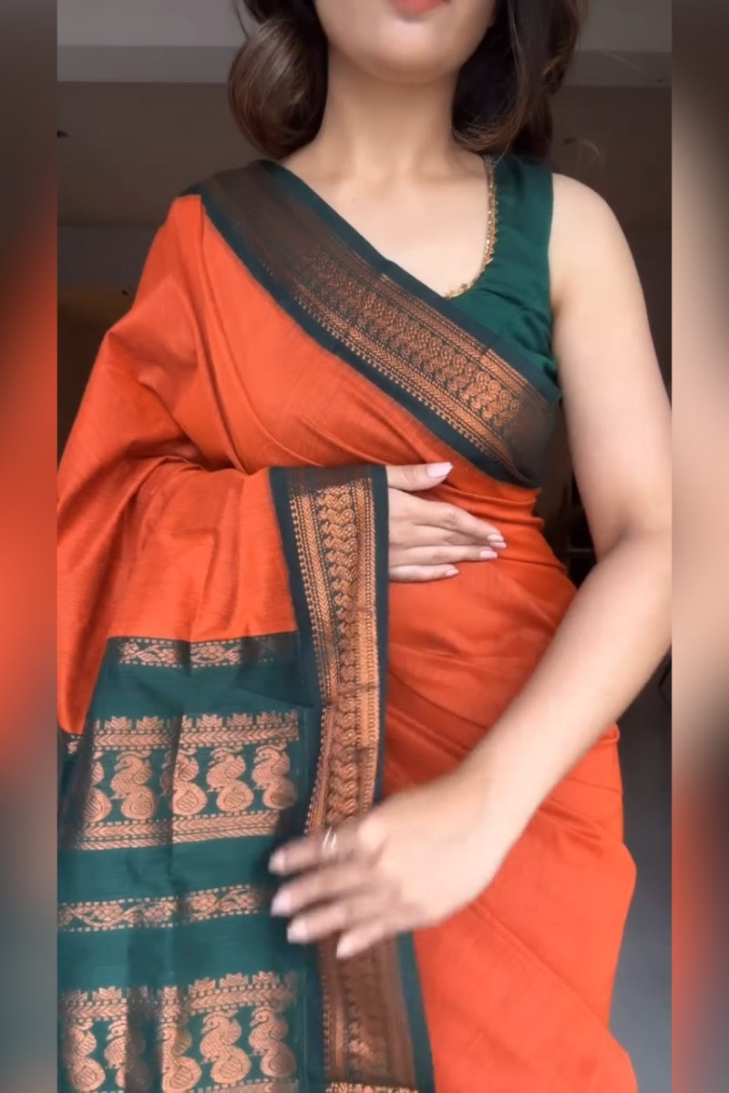 Marvellous Orange Soft Silk Saree With Unique Blouse Piece