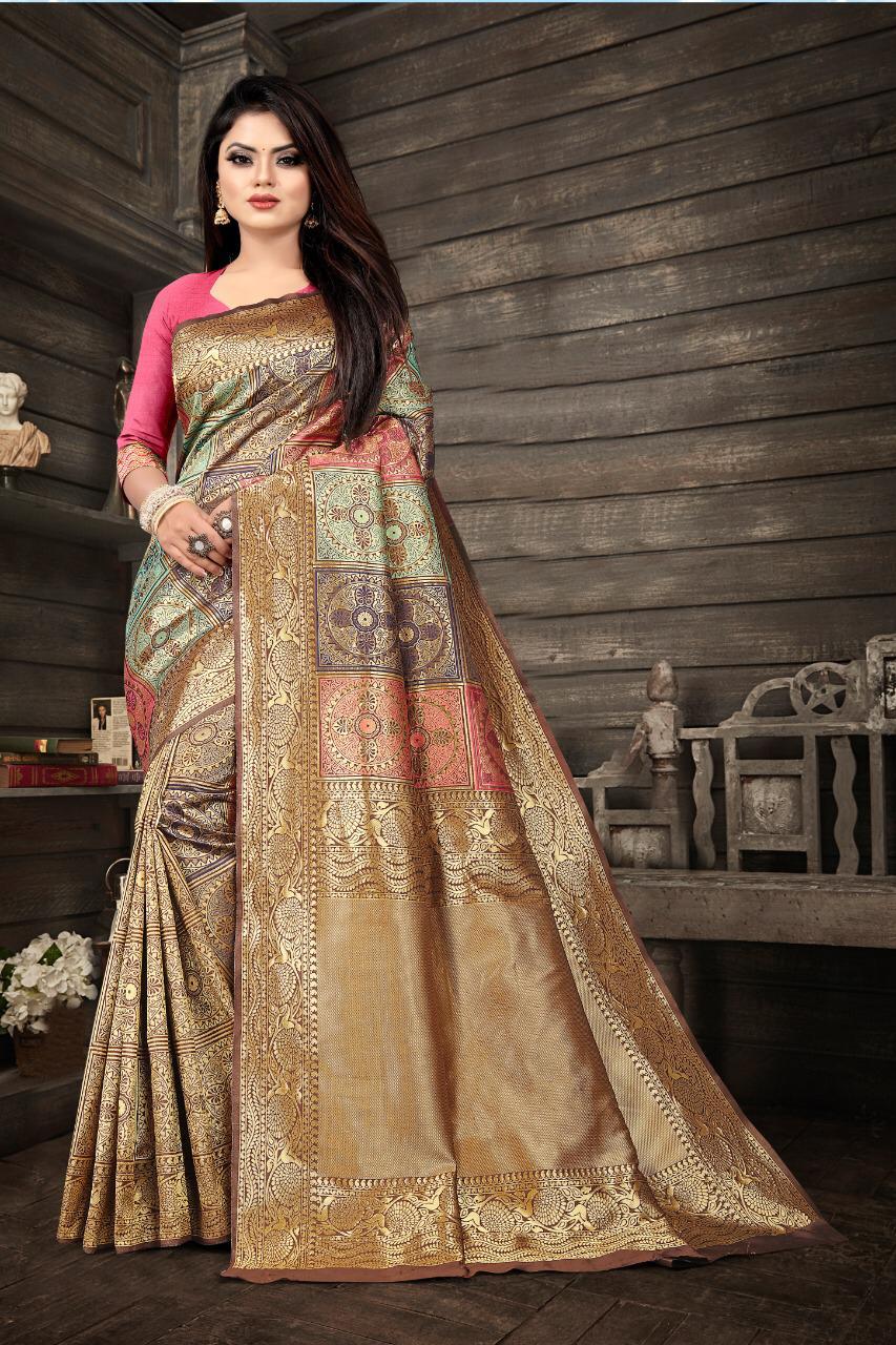Flamboyant Beige Soft Banarasi Silk Saree With Fancifull Blouse Piece
