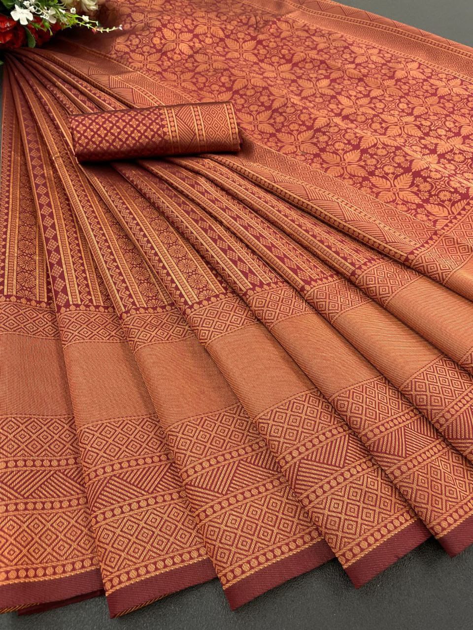 Premium Banarasi Soft Silk Saree – Maroon Shade with Copper Zari Weaving